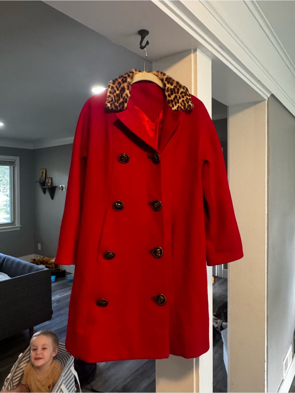 Women's Red Double-Breasted Pea Coat with Leopard Collar